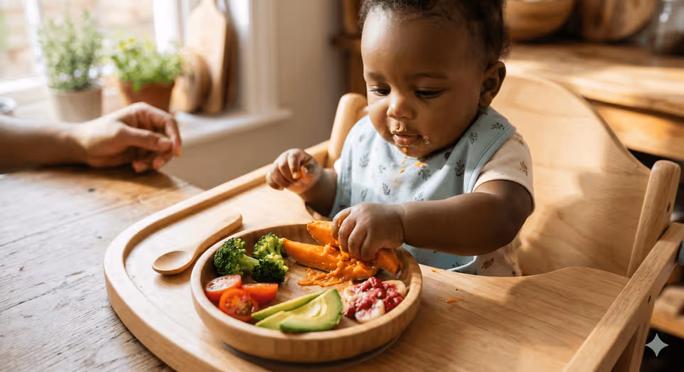 A baby exploring solid foods